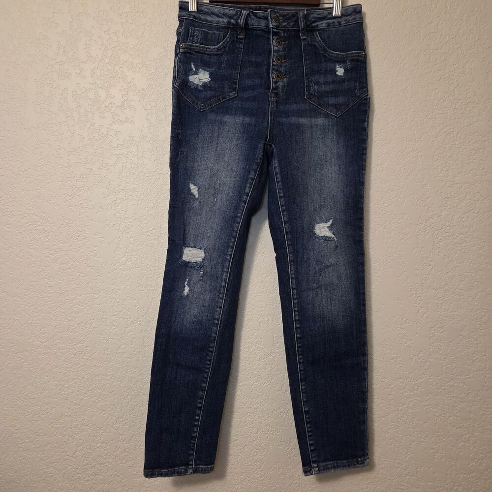 Risen Skinny Jeans Women 9/29 Blue Distressed High Rise Button Fly RDP1412